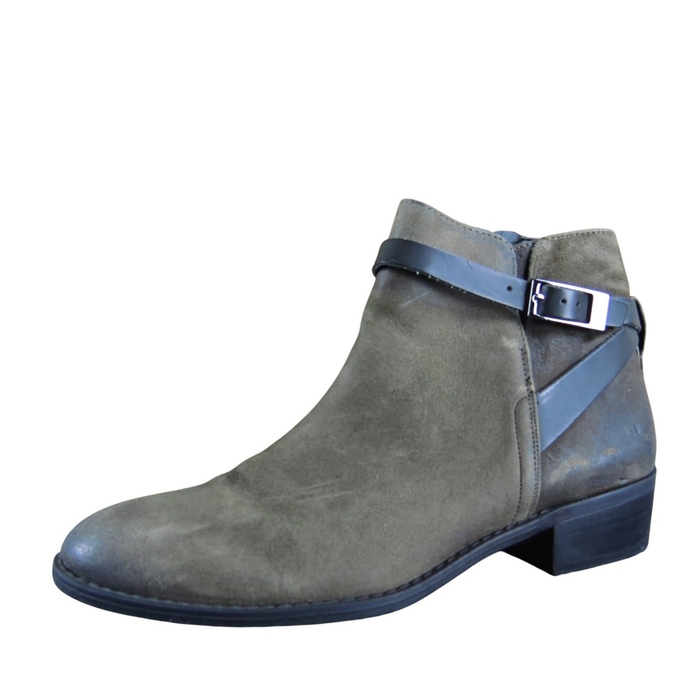 Franco Sarto Taupe Suede Ankle Boots Women 6.5 Buckle Strap Low Heel Casual Shoe